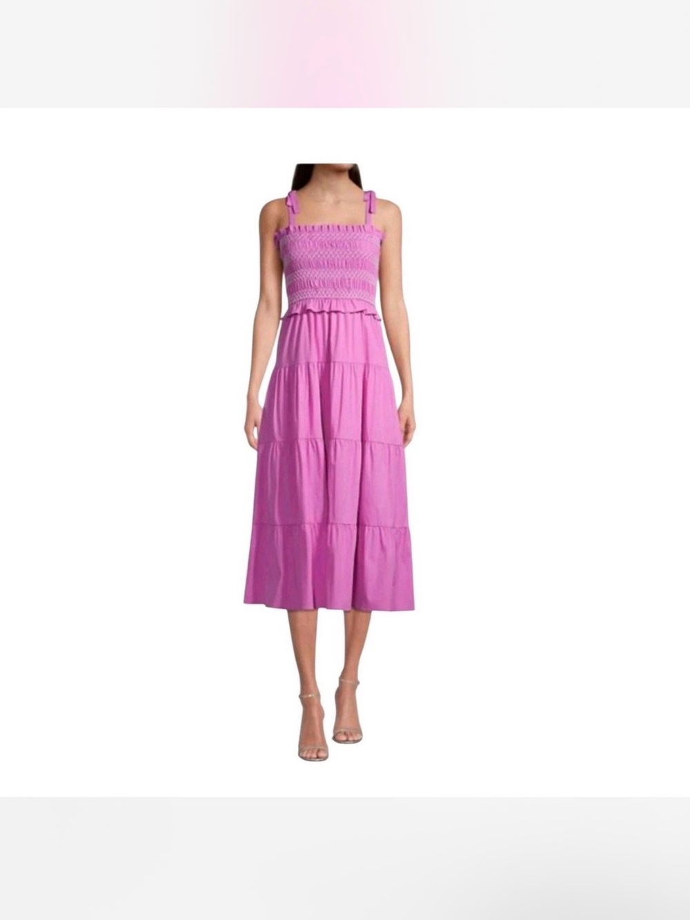 LIKELY ‘Delfina’ Smocked Tie-Shoulder Midi Dress in Pink